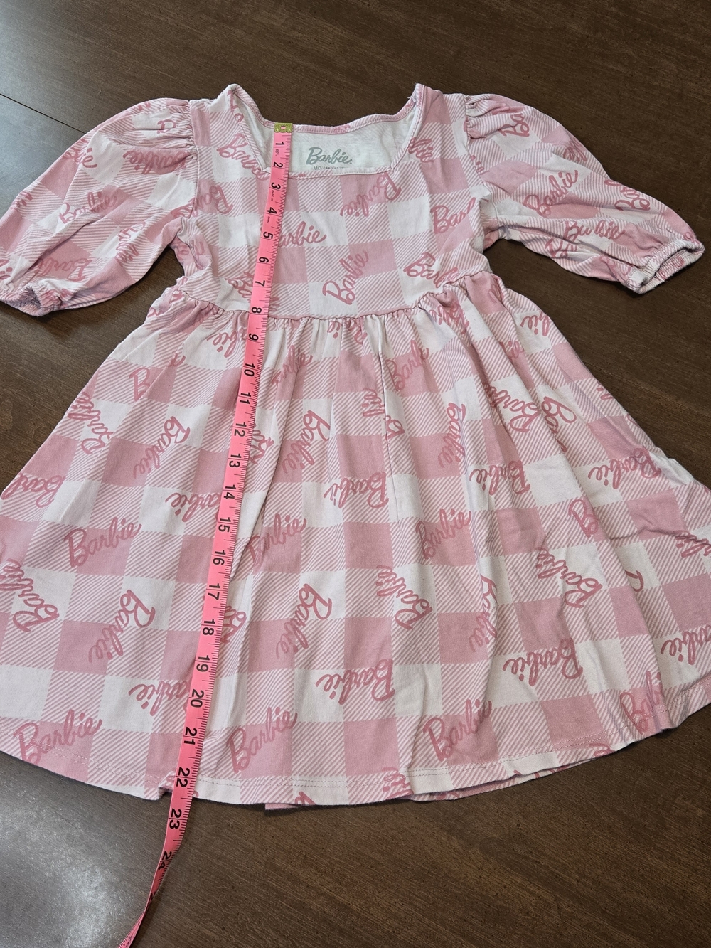 Barbie Girls Pink White Check Logo Graphic Puff Sleeve Fit & Flare Dress Medium - Picture 5 of 5